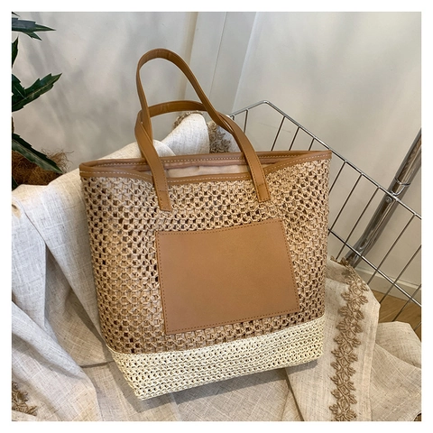 Strovlechtwerk Tote Bag Papieren Touw Opengewerkte Schoudertas Voor Dames Grote Capaciteit Zomer Strand Vakantie Handtas
