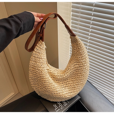 Stroh Schultertasche Gewebt Große Kapazität Sommer Strand Hobo Tasche Mode Halbmond Tote Für Damen Casual Reisen