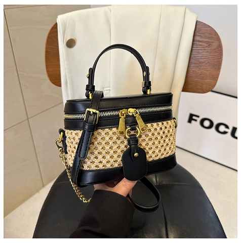 Vrouwen Retro PU Leer Stro Geweven Handtas Vanity Case Chinese Stijl Crossbody Schoudertas Doos Vorm Opbergzakje