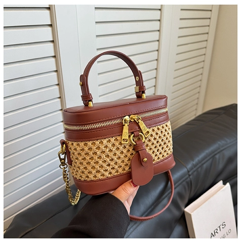 Vrouwen Retro PU Leer Stro Geweven Handtas Vanity Case Chinese Stijl Crossbody Schoudertas Doos Vorm Opbergzakje