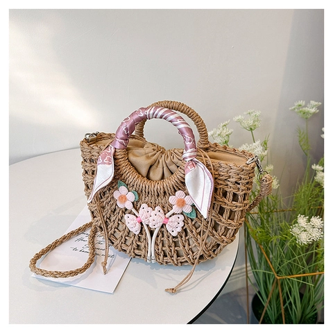 Sac à Épaule en Paille Tissé Main pour Femme Sac à Main Demi-lune Avec Décoration de Foulard et Fleurs Style Bohème Plage