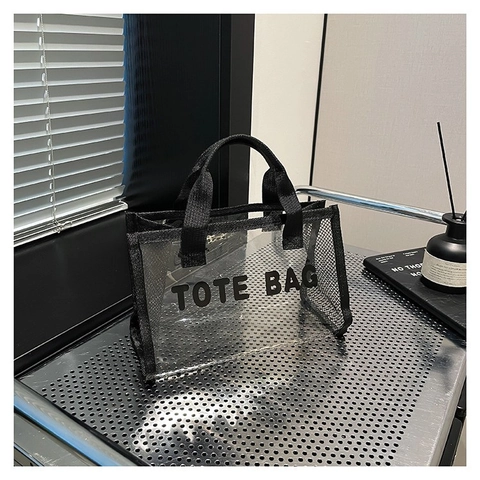 Women Transparent PVC Mesh Tote Bag Summer Ins Style Contrast Color Letter Print Shoulder Bag Lightweight Beach Shopping Bag