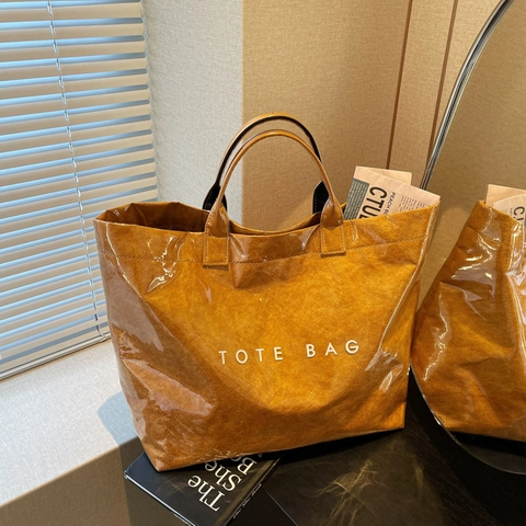 Women Large Capacity Glossy PU Tote Bag Vintage Crinkle Texture Letter Print Shoulder Bag Waterproof Daily Commuting Travel Bag