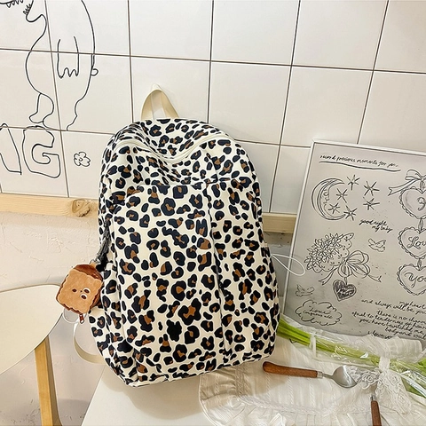 Dames Schattige Luipaardprint Nylon Rugzak Schooltas Met Pluche Toast Hanger Grote Capaciteit Mode Studenten Rugzak