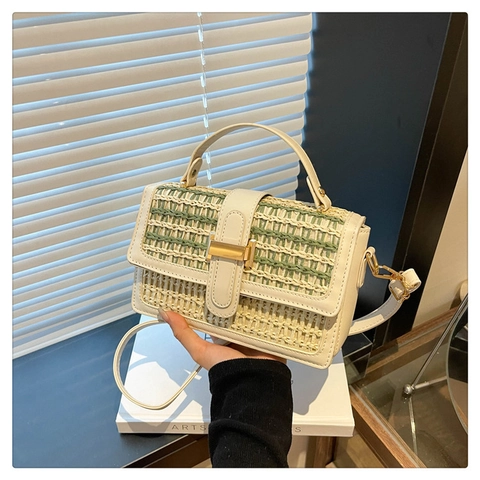 Dames Vintage Stromvlecht Schoudertas Patchwork Synthetisch Leer Handtas Zomer Strand Vakantie Kleine Vierkante Tas Crossbody Tas