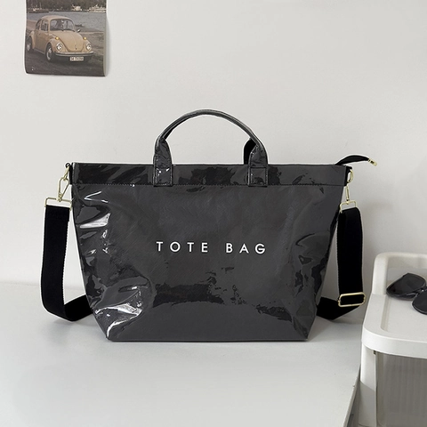 Borsa Tote Grande in PVC Urban Simple per Donna Borsa a Tracolla con Stampa a Lettere e Texture Increspata Borsa a Mano Moda