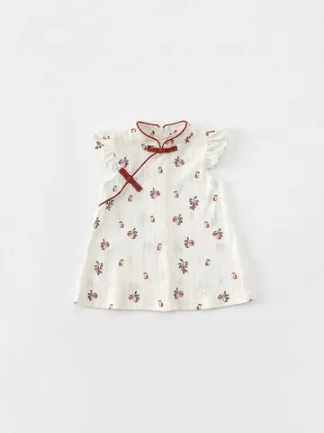 Mädchen Chinesischer Stil Modifiziertes Qipao Kleid Stehkragen Chinesische Knöpfe Fruchtmuster Rüschenärmel Polyester Kleid