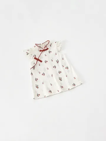 Mädchen Chinesischer Stil Modifiziertes Qipao Kleid Stehkragen Chinesische Knöpfe Fruchtmuster Rüschenärmel Polyester Kleid