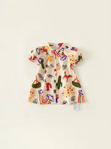 Girls Cartoon Graffiti Cotton Shirt Dress Short Sleeve Puff Sleeve A-Line Dress Kids Casual Summer Clothes Apricot