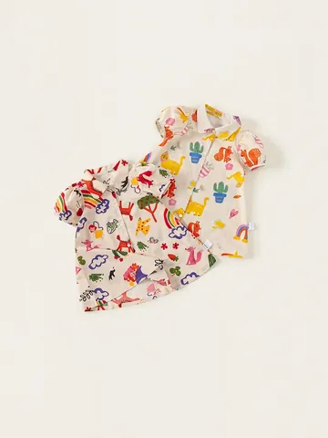 Girls Cartoon Graffiti Cotton Shirt Dress Short Sleeve Puff Sleeve A-Line Dress Kids Casual Summer Clothes Apricot