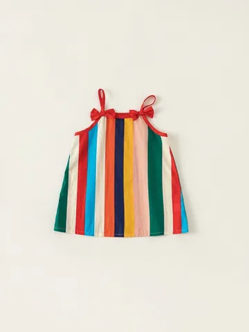 Girls Colorful Vertical Stripe Bow Straps Cotton Dress Kids Summer Rainbow Sleeveless A-Line Sundress Toddler Baby Romper Outfits