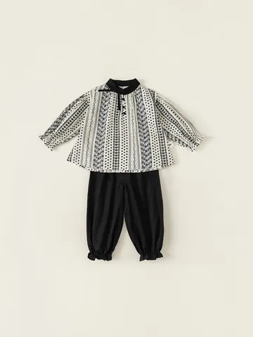 Meisjes Koreaanse Stijl Katoenen Overhemd en Broek met Manchetten Tweeledige Outfit Herfst Lange Pofmouw Beige Zwart Set