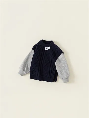 Enfants Garçons Faux Deux-pièces Pull Torsadé Manches Longues Patchwork Top Bleu Marine Gris Décontracté Printemps Automne