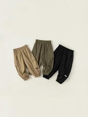 Casual Kids Cotton Cargo Pants For Boys Girls Elastic Waist Solid Color Pockets Spring Autumn Children Long Trousers Fashion