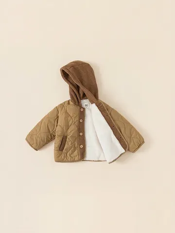 Abrigo de Algodón Engrosado de Invierno para Niños Con Capucha Forro de Felpa Cálida Chaqueta Caqui Cortaviento Acolchado
