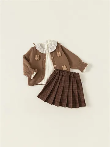 Chemise Vintage Brodée à Col Claudine pour Filles Manches Longues Blouse en Coton avec Plis pour Enfants École
