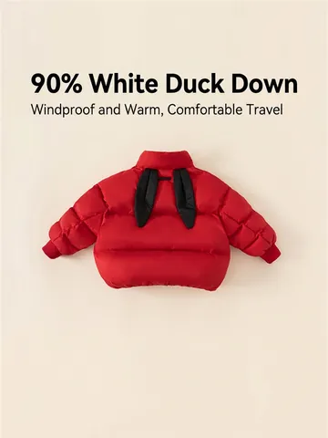 Children Cute Rabbit Ear Down Jacket Winter Warm Hooded Puffer Coat For Boys Girls Casual Solid Color Outerwear