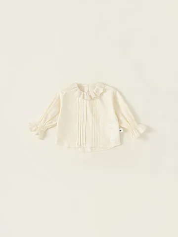 Chemise Vintage Brodée à Col Claudine pour Filles Manches Longues Blouse en Coton avec Plis pour Enfants École