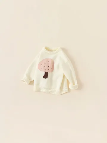Maglione in Maglia da Bambina con Motivo a Fungo Stile Coreano Pullover a Maniche Lunghe Bianco Crema Girocollo per Bambini