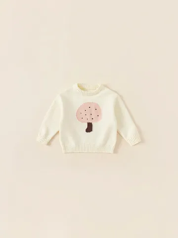 Maglione in Maglia da Bambina con Motivo a Fungo Stile Coreano Pullover a Maniche Lunghe Bianco Crema Girocollo per Bambini