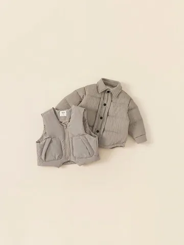 Children's Winter Padded Jacket and Vest Two Piece Set Boys Casual Thickened Quilted Polyester Warm Outwear Toddler Clothing