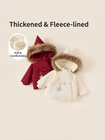 Mädchen Winter Warm Verdickt Wattierter Mantel Mit Kunstfellkragen Hexen-Spitzhaube Sternanhänger Kinder Parka Oberbekleidung Jacke