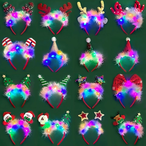 LED Christmas Headband Glowing Reindeer Antler Santa Claus Star Headpiece With Feathers Festive Party Decoration Gift For Adults Kids
