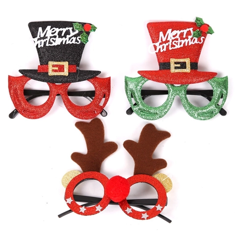 Glitter Christmas Decoration Glasses Frame Santa Hat Christmas Tree Reindeer Antlers Photo Props Festive Party Favors Accessories