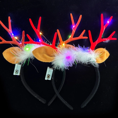 Weihnachten LED Leuchtende Rentiergeweih Stirnband Mit Weißer Feder Kunststoff Stoff Geweih Kopfband Für Festliche Party Feier