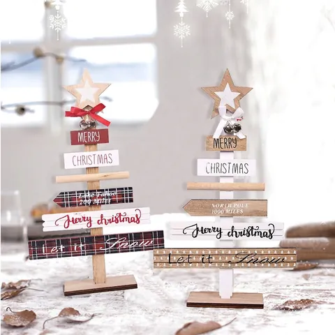 Rustikaler Weihnachtsbaum Aus Holz Desktop-Ornament Mit Metallglocken Schleife Merry Christmas Print Plaid Baumform Feiertagstischdeko