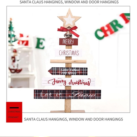 Rustikaler Weihnachtsbaum Aus Holz Desktop-Ornament Mit Metallglocken Schleife Merry Christmas Print Plaid Baumform Feiertagstischdeko