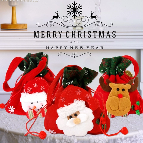 Sacs Cadeaux de Noël à Cordon de Serrage Père Noël Renne Bonhomme de Neige Sacs en Velours Fête Bonbons Décorations de Vacances