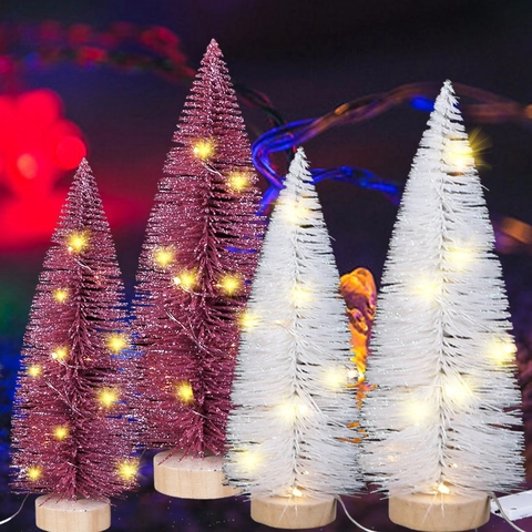 Mini Weihnachtsbaum LED Beleuchtet Tannennadelbaum Mit Holzsockel Puder Desktop Dekoration Rosarot Weiß