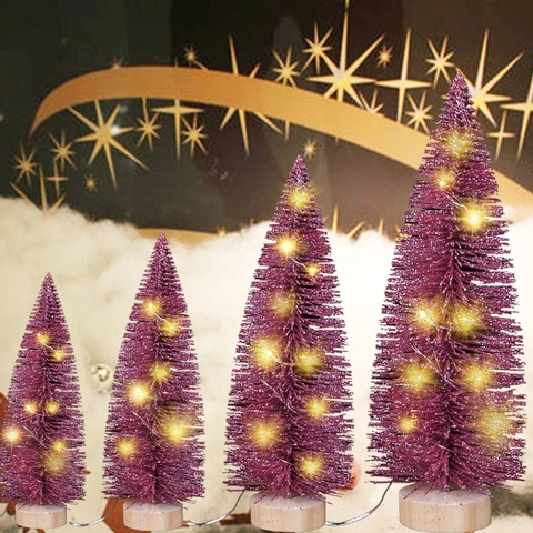 Mini Albero di Natale da Scrivania Con Luci LED in Sisal Glitter Albero a Spazzola Base in Legno Decorazione Natalizia per Casa Ufficio