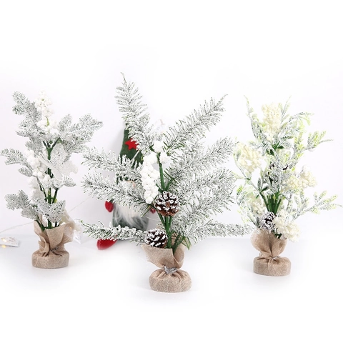 Mini Künstlicher Weihnachtsbaum Schmuck Mit Beflocktem Schnee Natürlichen Zapfen Sackleinen Basis Für Schreibtisch Büro Dekor