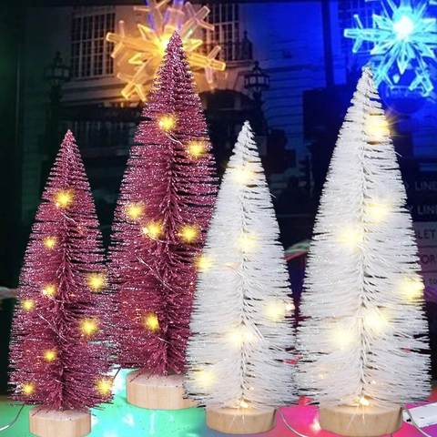 Mini Albero di Natale da Scrivania Con Luci LED in Sisal Glitter Albero a Spazzola Base in Legno Decorazione Natalizia per Casa Ufficio