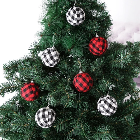 Palle di Natale Buffalo Plaid Rivestite in Tessuto Schiuma Decorazioni da Appendere per Albero Palline a Scacchi Festa