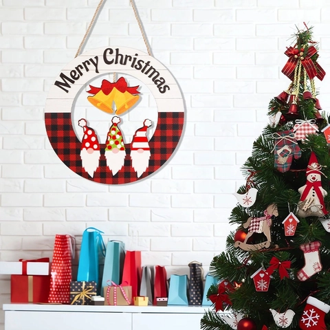 Plaque Suspendue de Noël en Bois Dessin Animé Merry Christmas Enseigne de Porte Bienvenue Décoration de Fête Bonhomme de Neige Père Noël