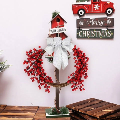 Guirnalda de Bayas Rojas Navideñas Anillo de Vid Decorativo Con Lazo de Malla para Fiesta Festiva Hogar Puerta Pared Adorno