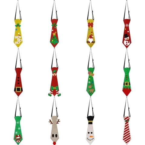 Glitter Christmas Felt Necktie For Kids Adults Reindeer Snowman Santa Claus Adjustable Elastic Tie Party Costume Props