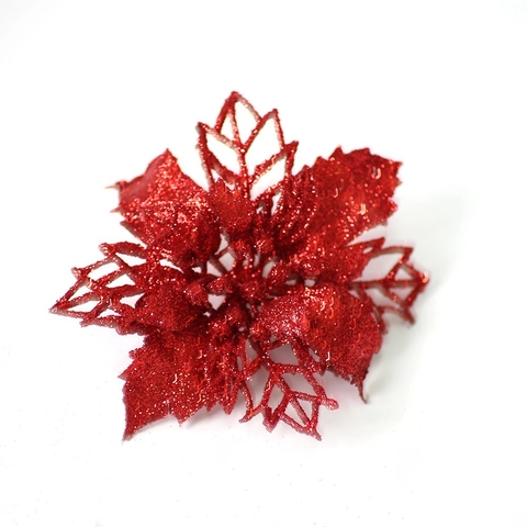 Christmas Hollow Glitter Artificial Poinsettia Flowers Plastic Xmas Tree Wreath DIY Decorative Ornaments Multi Colors Party Props