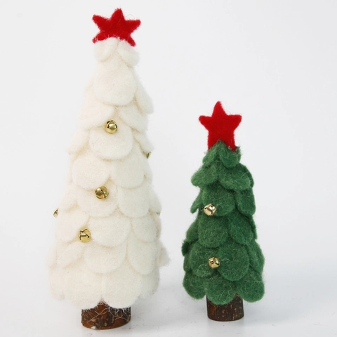 Ornement de Sapin de Noël en Feutre de Laine Fait Main Avec Base en Bois Mini Sapin de Noël de Bureau Avec Étoiles et Cloches Pour Décoration de Maison