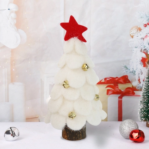 Ornement de Sapin de Noël en Feutre de Laine Fait Main Avec Base en Bois Mini Sapin de Noël de Bureau Avec Étoiles et Cloches Pour Décoration de Maison