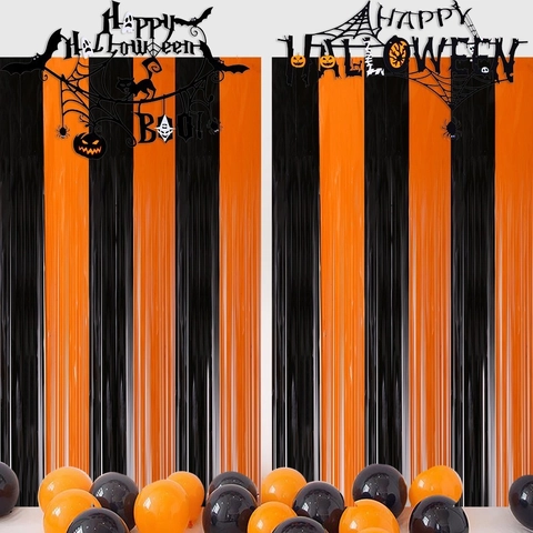 Halloween Party Decoration Set With Orange Black Foil Fringe Curtain And Felt Pull Flag For Ghost Festival Celebration