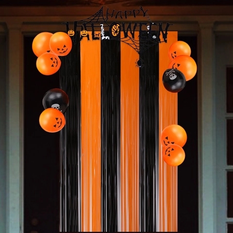 Halloween Party Decoration Set With Orange Black Foil Fringe Curtain And Felt Pull Flag For Ghost Festival Celebration