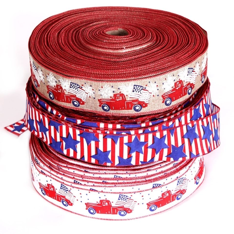 Independence Day Stars American Flag Ribbon Polyester Wired Edge Patriotic Truck Burlap Ribbon For Party Home Decoration