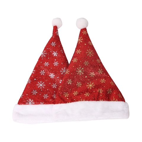 Cappello di Natale con Paillettes Rosse Bordo in Peluche Artificiale Stampa Fiocchi di Neve Babbo Natale Cappello Festa Festivo Decorazione