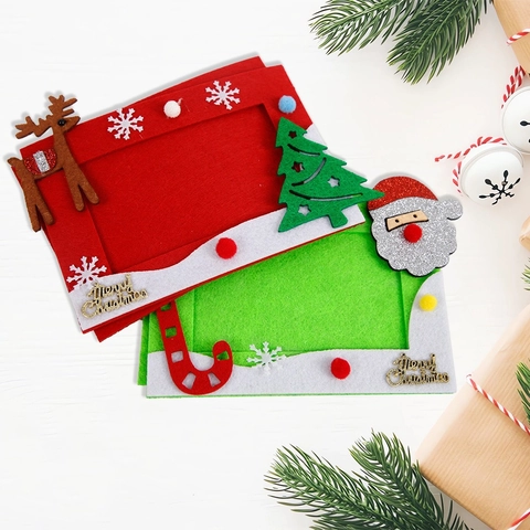 Christmas Felt Photo Frame Set Red Green Non-Woven DIY Picture Frame With Reindeer Santa Claus For Home Holiday Decor