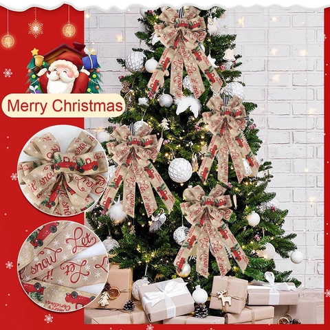 Christmas Tree Topper Bow Rural Retro Red Plaid Faux Burlap Bow With Truck Tree Pattern For Holiday Party Decoration