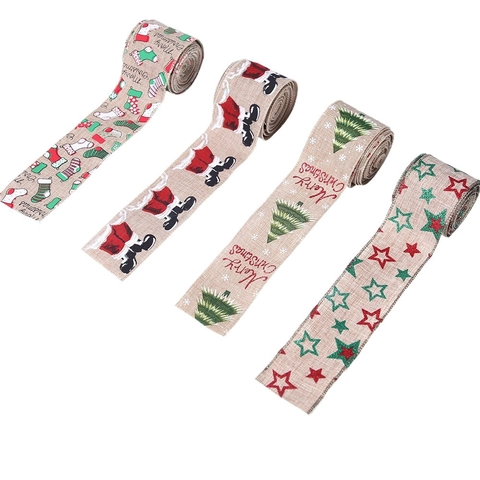 Nastro in Finto Lino di Natale per Decorazione Albero Nastro di Sacco Stampato Con Bordo in Filo di Ferro Accessori per Feste